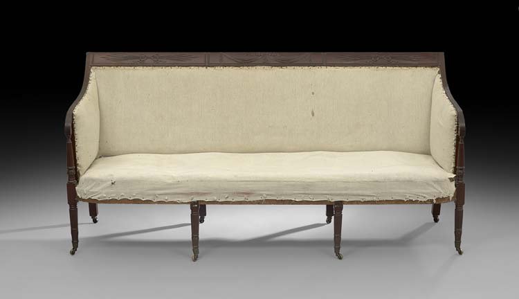 Important American Federal Mahogany Sofa: Important American Federal Mahogany Sofa in the Sheraton Taste, first quarter 19th century, attributed to Duncan Phyfe, New York, the crest rail with ribbon swags and thunderbolt carving, the reeded c