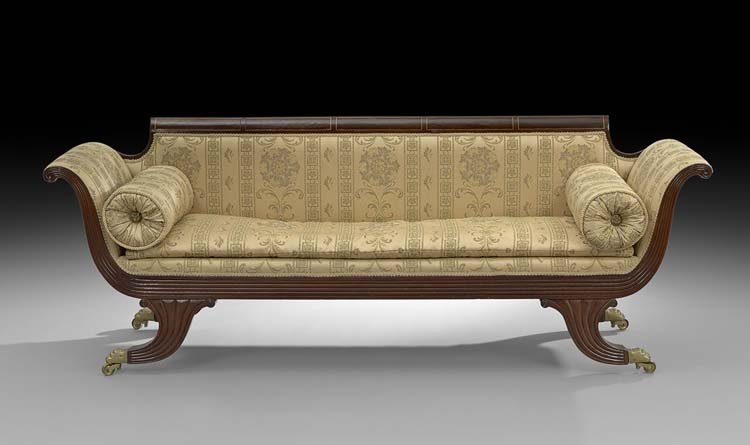 American Classical Brass-Inlaid Mahogany Sofa: Fine American Classical Brass-Inlaid Mahogany Sofa, first quarter 19th century, school of Duncan Phyfe, the top rail with a row of five figured panels, each edged with brass stringing with reeded scro