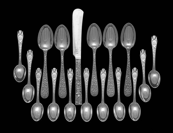17 Pcs. of S. Kirk & Son .896 Silver Flatware: Seventeen Pieces of S. Kirk & Son Old Baltimore Standard (.896) Silver Flatware, third quarter 19th century, including eleven unusual bright-cut trefid demitasse spoons, l. 3-7/8", and in the "Repouss