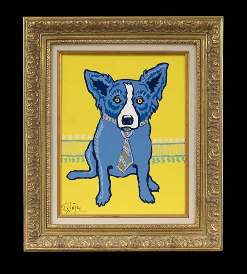 George Rodrigue (American/Louisiana, b. 1944): George Rodrigue (American/Louisiana, b. 1944), "Blue Dog", ca. 1989, mixed media on canvas board, signed lower left, signed and titled en verso, 14" x 11". Framed.
