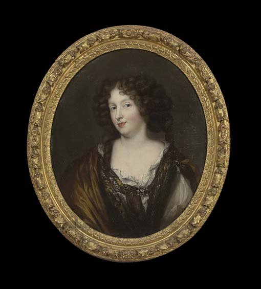 Attributed to Pierre Mignard (French, 1612-1695): Attributed to Pierre Mignard (French, 1612-1695), "Portrait of Louise de Kerouaille, Duchess of Portsmouth", oil on oval canvas, inscribed en verso "Louise de Kerouaille, P. Mignard", 26-3/4" x 22". P