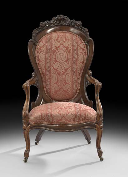 American Rococo Revival Rosewood Armchair: American Rococo Revival Laminated Rosewood Armchair, third quarter 19th century, in the "Rosalie Without Grapes" pattern, attributed to John Henry Belter, New York, the concave laminated back with a f