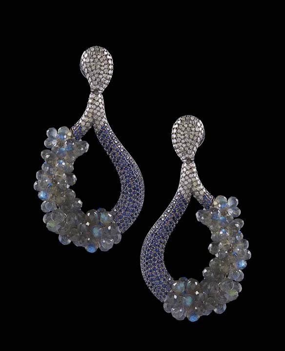 Pair of Diamond, Sapphire & Labradorite Earrings: Pair of Anodized Silver, Diamond, Blue Sapphire and Labradorite Earrings, each unique earring set with approximately 130 single-cut diamond melee, 208 round faceted sapphires and numerous faceted labr