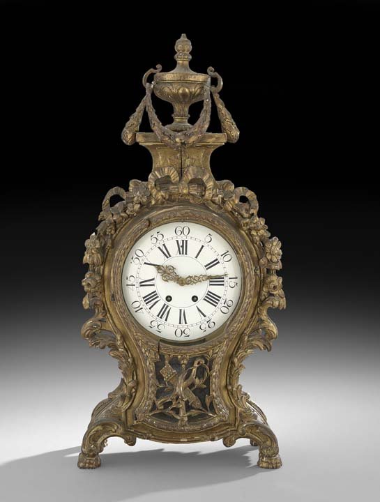 Louis XV-Style Giltwood Shelf Clock: Louis XV-Style Giltwood Shelf Clock, 19th century, the brass movement signed "Plachon, Paris 992" and stamped "Vincenti et Cie", h. 28", w. 12-1/2", d. 6".