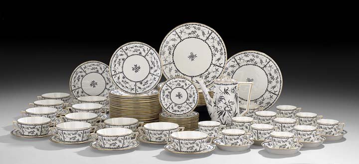 97-Piece Hammersley & Co. "Bamboo" Dinner Service: Ninety-Seven-Piece Hammersley & Company Black "Bamboo" Bone China Dinner Service, retailed by Tiffany & Company, New York, and so marked, comprised of twelve dinner plates, twelve salad/dessert plates