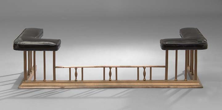 Edwardian Copper and Upholstery Fireplace Fender: Edwardian Copper and Upholstery Fireplace Fender, first quarter 20th century, the coved base holding turned and square balusters, with upholstered seats on the corners, h. 15-1/4", w. 61", d. 19-3/4".