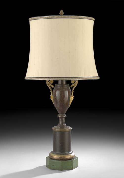 French Tole, Bronze and Faux Porphyry Carcel Lamp: French Tole-Peinte, Gilt-Bronze and Faux Porphyry Carcel Lamp, mounted with a brass base label reading "N8209, Par brevet d'invention Lampes Hydrostatiques THILORIER ET BARRACHN, Rue du Boulox No. 4",