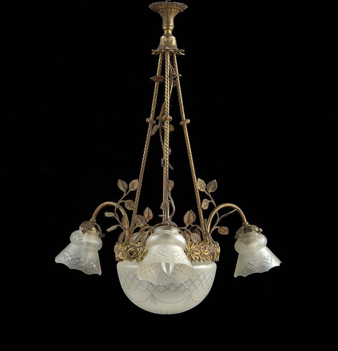 Art Deco-Style Brass Four-Light Chandelier: Art Deco-Style Brass Four-Light Chandelier, early 20th century, having a central cut glass bowl with floral embossed brass shade holder and three outside arms with foliate decor, h. 31", dia. 26".