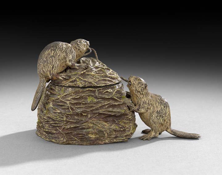 Charming Cold-Painted Vienna Bronze Inkwell: Charming Cold-Painted Vienna Bronze Inkwell, fourth quarter 19th century, Austrian, depicting two beavers building a nest, marked "Geschutzt", and with a stamped number, the interior with a porcelain 