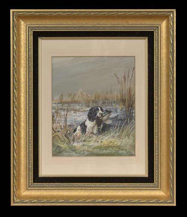 Reuben Ward Binks (British, 1880-1950): Reuben Ward Binks (British, 1880-1950), "Spaniel Retrieving Mallard", gouache and watercolor on paper, signed lower right, titled in pencil en verso, sight 13" x 10-3/4". Attractively matted, glazed a