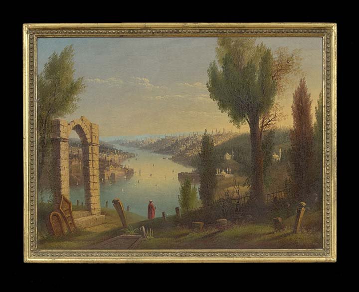Continental School (Fourth Quarter 19th Century): Continental School (Fourth Quarter 19th Century), "View of Istanbul from a Hill", oil on canvas, unsigned, 24" x 32". Presented in a giltwood frame.