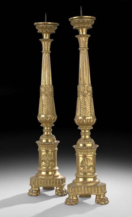 Pair of Italian Neoclassical-Style Altar Sticks: Pair of Italian Neoclassical-Style Giltwood Altar Sticks, early 19th century, the tapered standards decorated with molded leaves alternating with fluting, terminating in leaf-molded capitals and prick