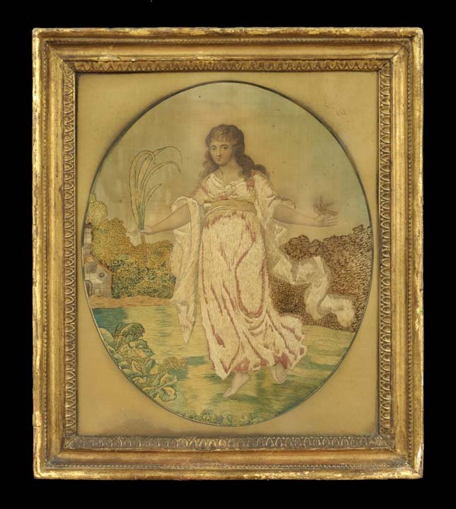 English Needlework & Watercolor Picture on Silk: English Needlework and Watercolor Picture on Silk Depicting Spring, ca. 1800, with the figure of a woman carrying a bird and a sprig in a garden, mounted in a period Georgian cove-molded frame, h. 16-