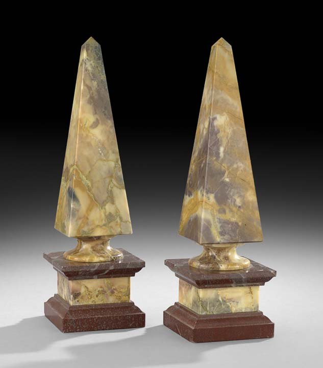 Pair of Italian Marble Obelisks: Pair of Italian Giallo and Red Griotte Marble Obelisks, ca. 1900, each giallo marble obelisk mounted on a turned foot, above a square giallo marble plinth trimmed in red griotte marble, h. 14", w. 14-