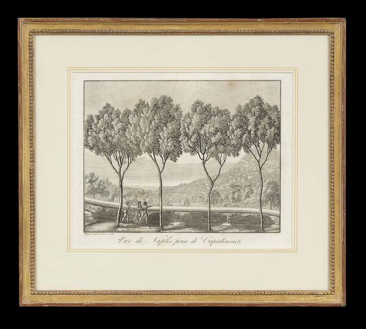 French School (First Quarter 19th Century): French School (First Quarter 19th Century), "View of the Eruption of Vesuvius of October 22, 1822" and "View of Naples from Capodimonte", two etchings, each sight 9-1/2" x 11-3/4". Both glazed, French