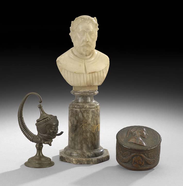 Three Classical Ornaments of Italian Origin: Three Classical Ornaments of Italian Origin, 20th century, comprising an alabaster bust, possibly depicting Plato, on a gray alabaster column-form pedestal, h. 12-1/4", dia. 4"; a patinated metal tabl