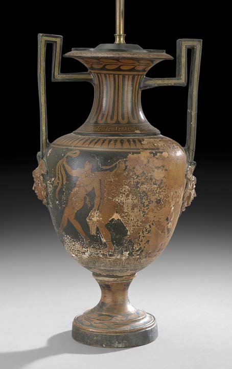 Continental Terracotta Amphora-Form Urn: Continental Grand Tour Terracotta Amphora-Form Urn, fourth quarter 19th century, Greek or Italian, the urn on a metal base with Attic-type decoration, now mounted as a lamp, urn, h. 18-3/4", w. 9-3/4"
