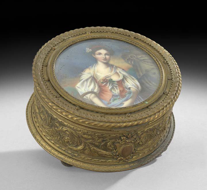 French Brass and Painted Opaline Jewel Box: French Belle Epoque Gilt-Brass and Hand-Painted Opaline Jewel Box, ca. 1900, the sides decorated with a leaf-molded guilloche trimmed in roping, the lid decorated with a hand-painted portrait of a wom
