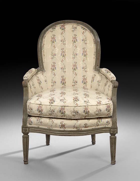 Louis XVI Polychrome Bergere: Louis XVI Polychrome Bergere, late 18th century, the padded and domed back within a molded frame and joined by padded scrolling arms to the cushioned seat, raised on fluted tapering circular legs endi