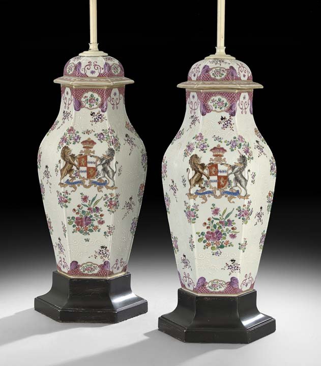 Pair of Armorial Garniture Vases: Pair of Chinese Export-Style Armorial Covered Garniture Vases, Attributed to Samson, second quarter 20th century, now mounted as lamps, the hexagonal urns decorated with scattered sprigging, mauve dia
