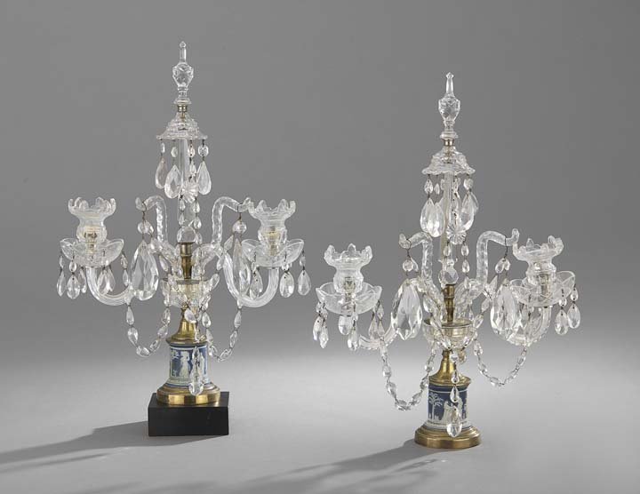 Pair of Bronze, Glass and Jasperware Candelabra: Pair of Georgian Revival Bronze, Glass and Jasperware Two-Light Candelabra, ca. 1900, the cylindrical jasperware bases set in beaded bronze mounts and supporting Anglo-Irish cut glass urns flanking ce