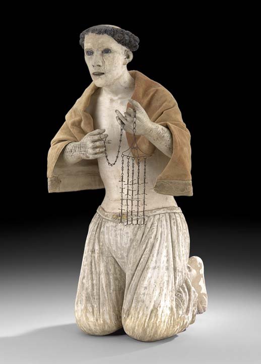 Spanish Altar Figure of the Penitent St. Dominic: Spanish Carved and Painted Altar Figure Depicting the Penitent Saint Dominic, late 17th century, carved in the manner of Juan Martinez Montanes (Spanish, 1568-1649), the current example portraying the