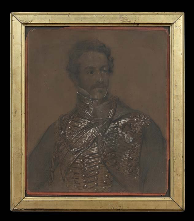 Continental School (19th Century): Continental School (19th Century), "Portrait of a Napoleonic Captain", pastel on paper, and "Portrait of a Prussian Soldier", black and white chalk on paper, both unsigned, former sight 18-1/2" x 15-1