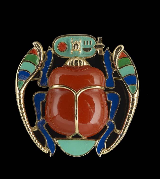 Vintage Hattie Carnegie Scarab Brooch/Pendant: Vintage Hattie Carnegie Egyptian Revival Scarab Brooch/Pendant, 1960's, bearing the Hattie Carnegie oval label, h. 2-1/4", w. 2-1/4".