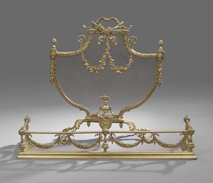 French Bronze Firescreen and Fender: French Bronze Firescreen and Fender of Louis XV Inspiration, first quarter 20th century, the shield-form screen resting on hoof feet flanking a draped urn and decorated with matching swags, the carryi