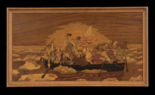 Panel of "Washington Crossing the Delaware": German Marquetry Panel of "Washington Crossing the Delaware", ca. 1917, marked "Nuerting en, Germany, 1917", after the painting by Emanuel Gottlieb Leutze (German, 1816-1868), h. 13", w. 23".