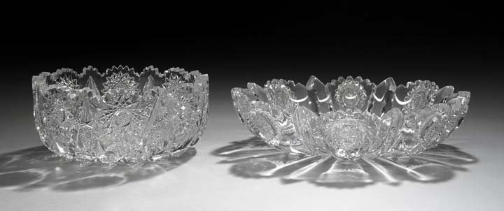 Two American Brilliant Period Cut Glass Bowls: Two American Brilliant Period Cut Glass Bowls, ca. 1900, consisting of a large lobed dish with hobstars alternating with zipper cuts, attributed to Hoare and identical to an example in the Corning Mus