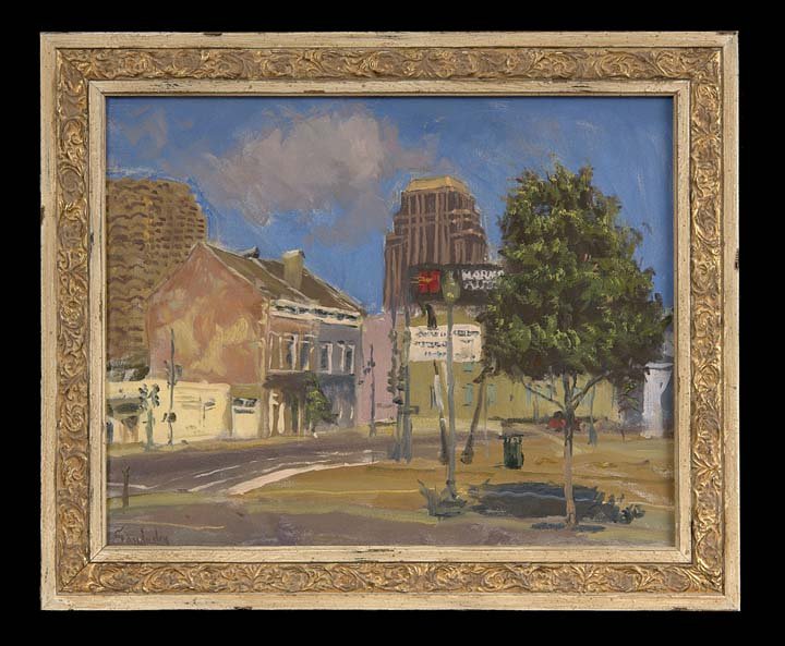 Phil Sandusky (American/Louisiana, Contemporary): Phil Sandusky (American/Louisiana, Contemporary), "Warehouse District Corner, New Orleans", oil on canvas, signed lower left, 16" x 20". Handsomely framed.