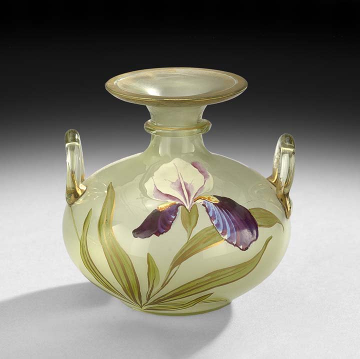 Amphora-Form Enameled Art Glass Vase: Amphora-Form Enameled Art Glass Vase, ca. 1900, possibly Harrach, Czechoslovakia, trimmed with gilt and enamel with irises, h. 3-3/4", dia. 3-1/2".