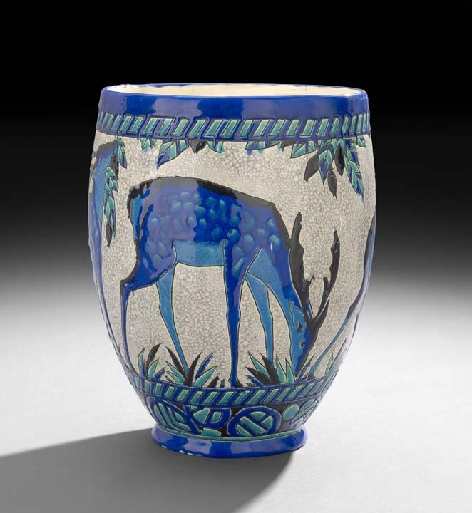 Boch Fres. Art Deco Craquelure Pottery Jardiniere: Boch Freres Art Deco Craquelure Pottery Vase, Designed by Charles Catteau (1880-1966), second quarter 20th century, La Louviere, Belgium, decorated with turquoise and blue grazing deer, marked with bo