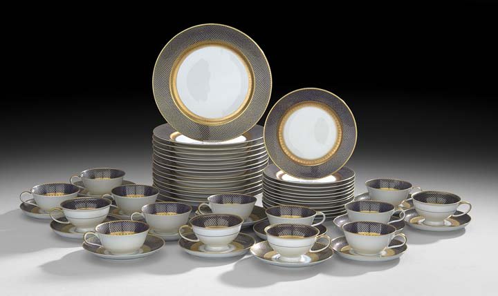 54-Piece "Rosenthal" Partial Dinner Service: Fifty-Four-Piece German Partial Dinner Service in the "Rosenthal" Pattern, mid-20th century, Selb, Germany, comprised of fourteen dinner plates, dia. 9-3/4", twelve salad/dessert plates, dia. 7-1/2", 