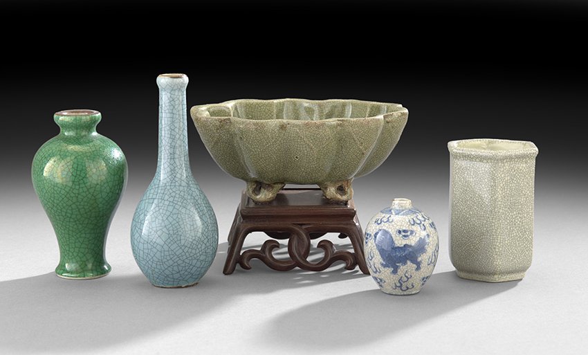 Five-Piece Group of Porcelain: Five-Piece Group of Porcelain, 19th/20th century, consisting of a crackled celadon brush washer, h. 3", w. 7", d. 2"; three crackled vases in white, green and blue, h. 2-3/4" to 5"; and a soft paste w