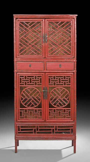 Chinese Red-Lacquered Bamboo Tall Cabinet: Chinese Red-Lacquered Bamboo Tall Cabinet, 20th century, the sides and front with open bamboo grille panels, the upper section with a pair of doors above two side-by-side drawers over another pair of 