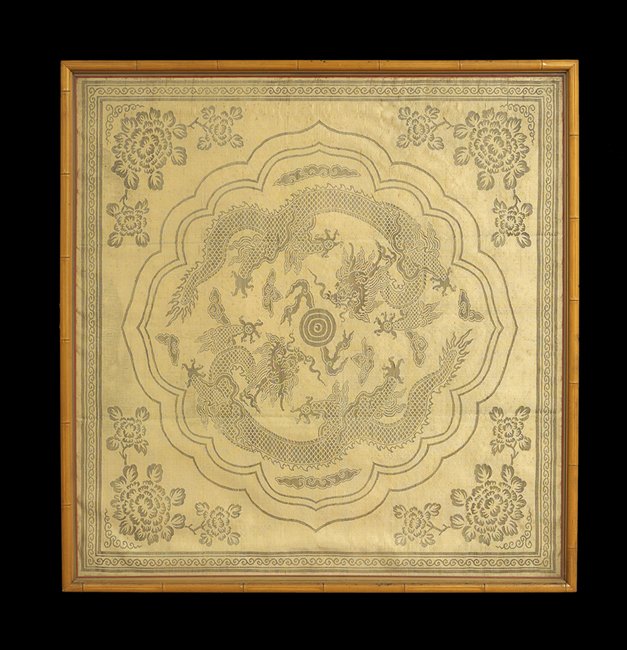 Chinese School (20th Century): Chinese School (20th Century), group of three woven silks depicting dragons, immortals and foo dogs, sizes range from 23" x 21" to 46" x 44". All glazed and framed alike.