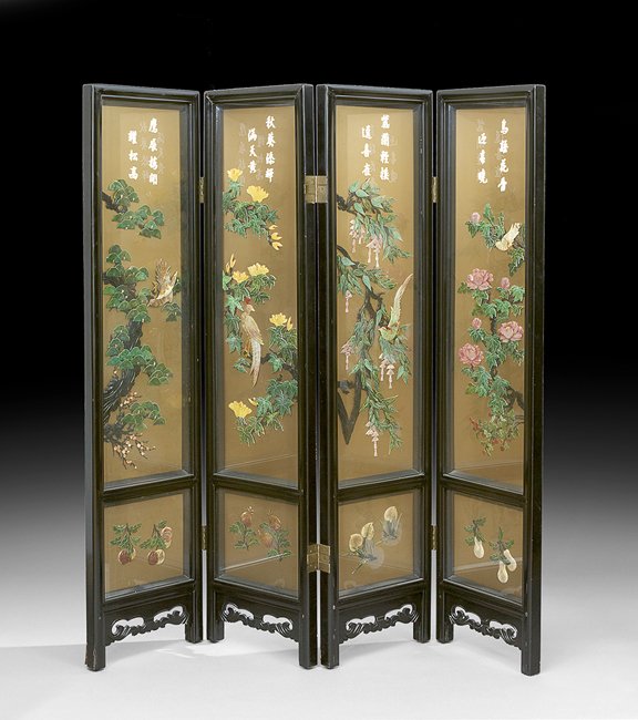 Chinese Four-Panel Screen: Chinese Four-Panel Screen, 20th century, each panel of shadowbox form, and having carved hardstone inlaid scenes of birds and flowers, h. 72", w. 72".