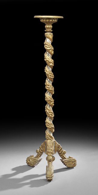Baroque-Style Giltwood and Mirrored Torchere: Baroque-Style Giltwood and Mirrored Torchere, the circular top on a standard modeled with applied mirror glass, h. 68", dia. 26".