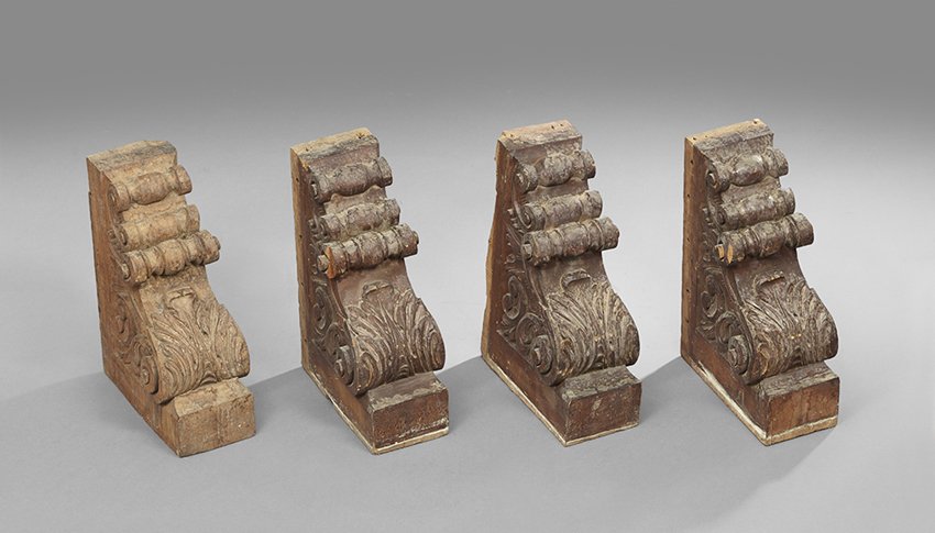 Four Spanish Cedar Architectural Brackets: Suite of Four Classical-Style Hand-Carved Spanish Cedar Architectural Brackets, fourth quarter 19th century, h. 13-1/4", w. 6", d. 19".
