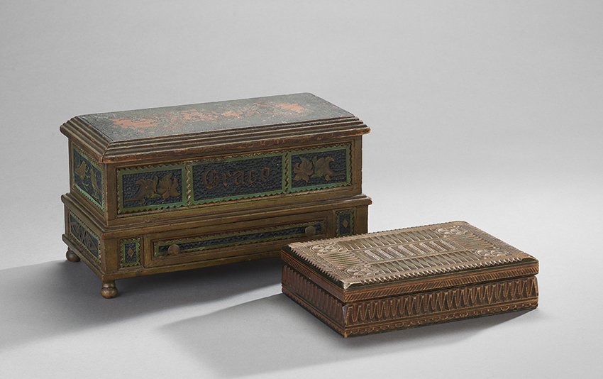 Two Carved Wooden Boxes: Two Carved Wooden Boxes, first quarter 20th century, including a tramp art polychrome miniature trunk, carved for "Grace", h. 8-3/4", w. 15-1/2", d. 7-3/4", and a chip-carved cigar humidor, h. 3", w. 