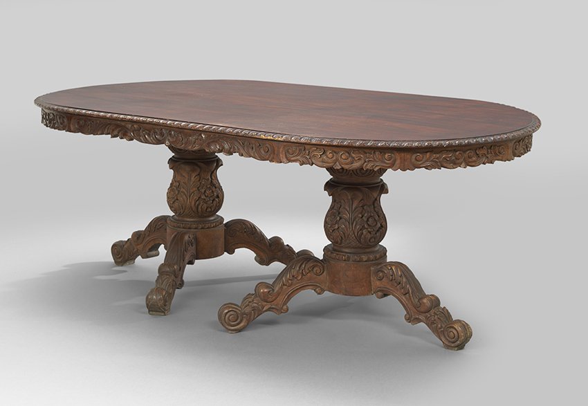 Empire-Style Mahogany Two-Pedestal Dining Table: Empire-Style Carved Mahogany Two-Pedestal Dining Table, 20th century, of Latin American origin, h. 31-1/2", w. 47", l. 86".
