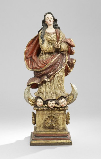 Carved, Painted and Parcel-Gilt Altar Figure: Carved, Painted and Parcel-Gilt Altar Figure, first quarter 20th century, depicting Our Lady of Guadalupe, h. 51-1/2", w. 20", d. 8-1/2".