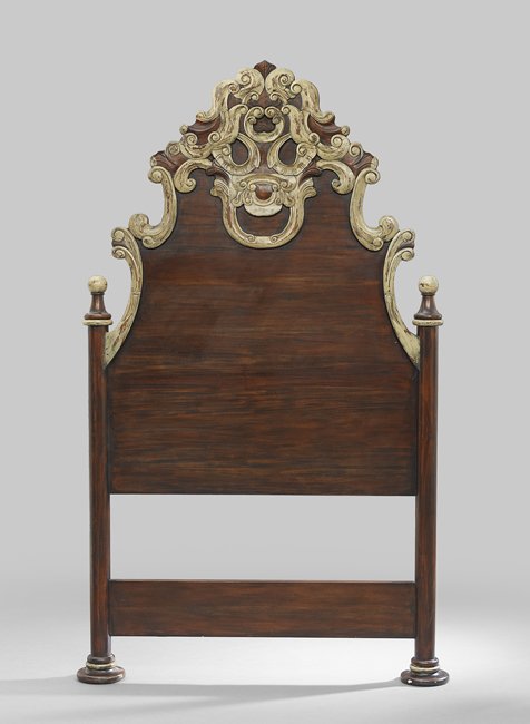 Italian Polychrome Mahogany Tall Headboard: Italian Carved and Polychrome Mahogany Tall Headboard, flanked by ball-topped columns and ending in disc feet, h. 79-1/2", w. 52".