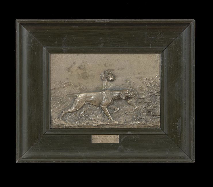 Fritz Diller (German, 1876-1946): Fritz Diller (German, 1876-1946), "Two Hunting Dogs", 1930, patinated brass, cast signature, titled and dated, sight 6" x 8-3/4". Framed.