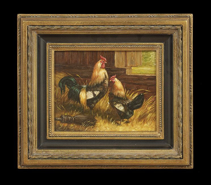 Continental School (Contemporary): Continental School (Contemporary), "Barn Scenes with Poultry", two oils on wood panel, unsigned, 8" x 10". Framed.
