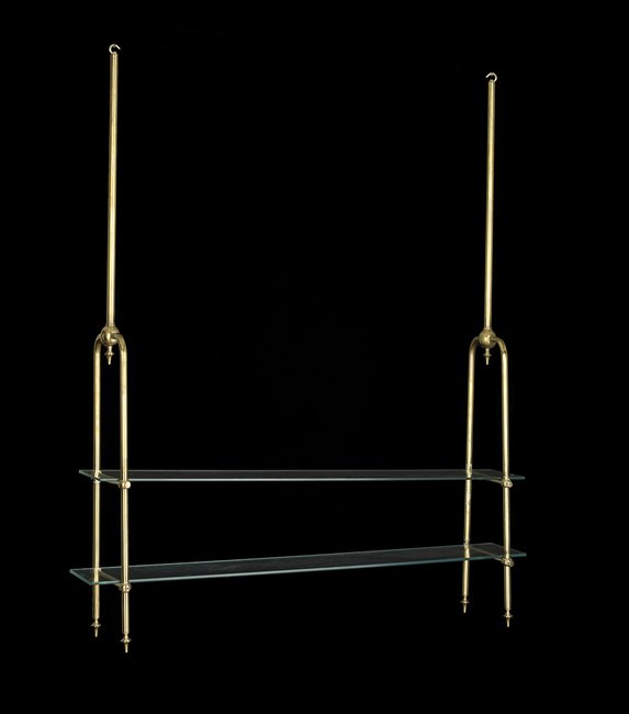 Victorian Brass and Glass Butcher Shop Shelves: Victorian Tubular Brass and Plate Glass Suspended Butcher Shop Shelves, fourth quarter 19th century, h. 52", w. 10", l. 44".