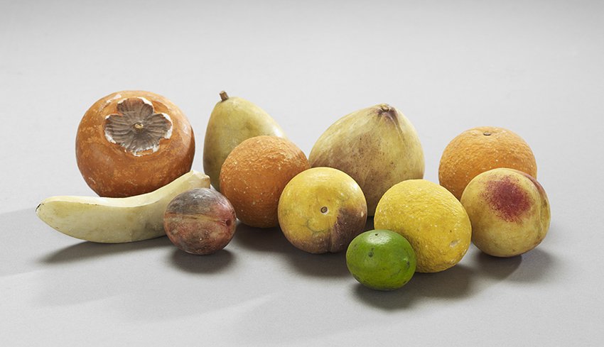 Large Variety of Painted Stone Fruit: Large Variety of Painted Stone Fruit, of life-sized proportions, including forty-three stone pieces and two cast plaster pieces.