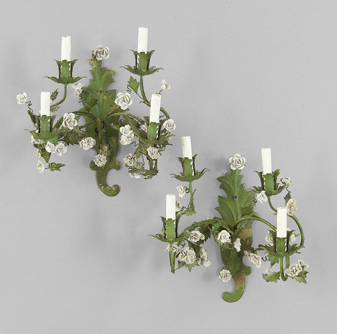 Enamel Chandelier with Matching Pair of Sconces: Metal and Enamel Five-Light Chandelier with a Matching Pair of Four-Light Wall Sconces, mid-20th century, decorated with porcelain flowers, chandelier, h. 34", dia. 15", sconce, h. 17-1/2", w. 14-3/4"